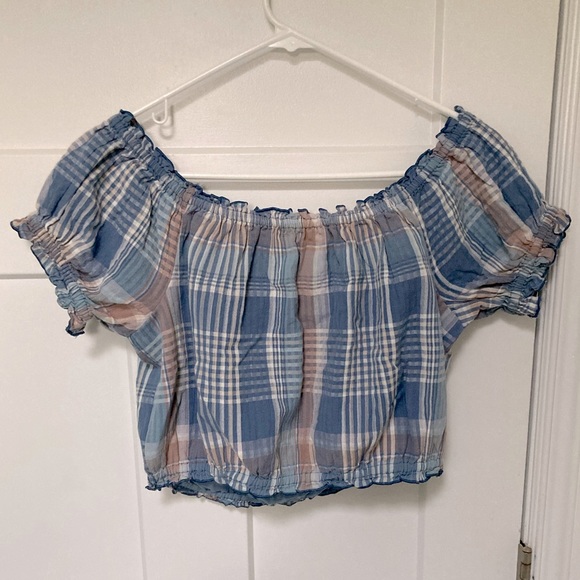 AEO 🦅 Off Shoulder Plaid Puff Sleeve Crop Top - Picture 10 of 15